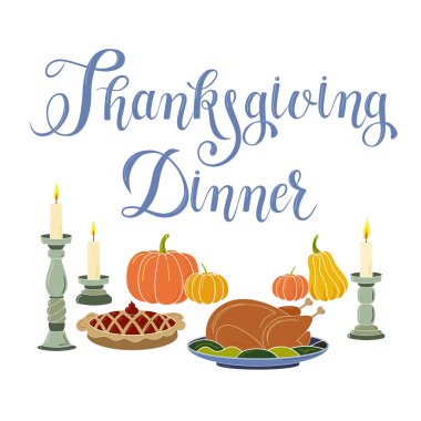 Şükran günü yemeği için tebrik kartı, kartpostal, afiş, poster, el yapımı harflerle baskı etiket, web. Turuncu kabak, lezzetli Türkiye, vişneli tart, şamdanlar mumlar. EPS 10 vektör çizim.