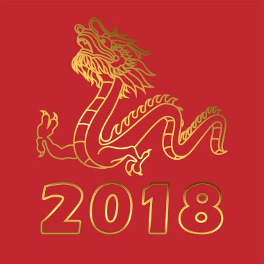Vektör çizim için Çin yeni yılı 2018 altın ejderha ve el çizimi metin 