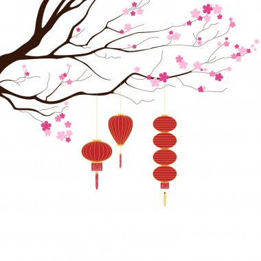 Pembe çiçekli Sakura veya kiraz dal. Kırmızı ve altın Çin fenerler. Çin yeni yılı 2018 logo, simge, şablon, tebrik kartı, kartpostal, davetiye olarak vektör çizim.