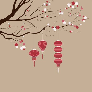 Sakura veya kiraz kırmızı ve beyaz çiçekler ve kahverengi zemin üzerinde Çince fenerler çırpı. Çin yeni yılı 2018 logo, tebrik kartı, kartpostal, davetiye olarak vektör çizim.