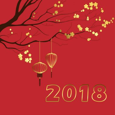 Sakura veya kiraz dallar altın çiçekler ve kırmızı zemin üzerine Çin fenerleri ile. Çin yeni yılı 2018 logo, şablon, simge, tebrik kartı, kartpostal, davetiye olarak vektör çizim.