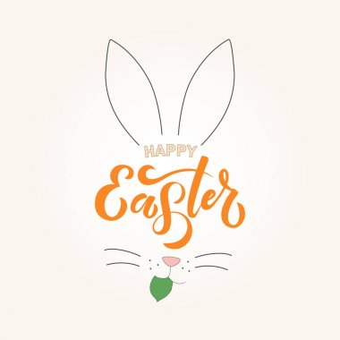 El mutlu Paskalya metin ve Bunny kabataslak logo, rozet, simgesi. çizilmiş bahar kutlama kartpostal, kart, davet, poster, afiş şablon. tipografi yazı. Mevsim Selam.