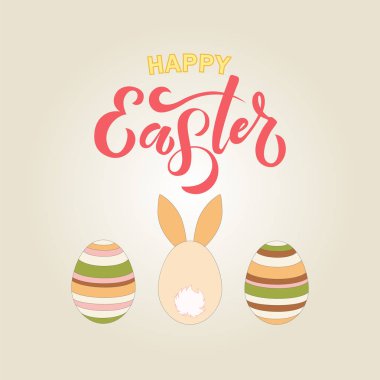El mutlu Paskalya metin, yumurta ve bunny logo, rozet, simge olarak kabataslak. çizilmiş bahar kutlama kartpostal, kart, davet, poster, afiş şablon. tipografi yazı. Mevsim Selam.