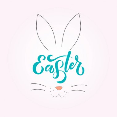 El mutlu Paskalya metin ve Bunny kabataslak logo, rozet, simgesi. çizilmiş bahar kutlama kartpostal, kart, davet, poster, afiş şablon. tipografi yazı. Mevsim Selam.