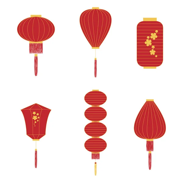 Набор Различных Форм Китайских Фонарей Красном Желтом Цветах Китайского Нового — стоковый вектор