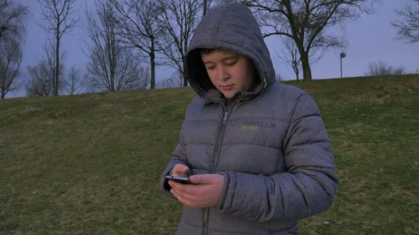 スマート フォンを使用して湖の岸に立っている少年 冬の午後 — ストック動画