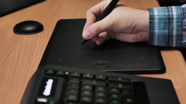 Man Hand Working Graphics Tablet Office — Stock Video