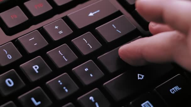 Man Pressing Enter Key Modern Illuminated Computer Keyboard — Stock Video