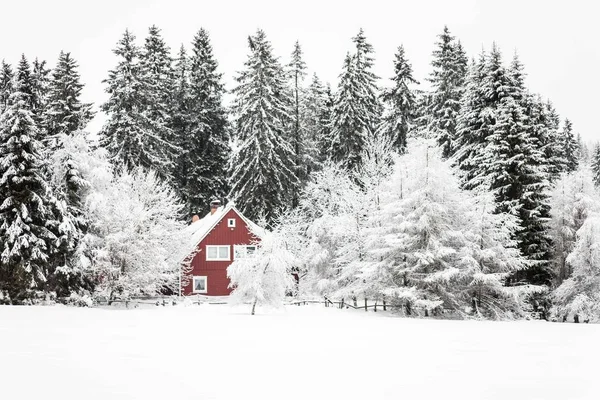 Téli piros ház — Stock Fotó