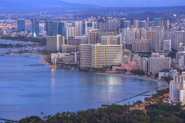 Waikiki and Honolulu cityscape at dawn