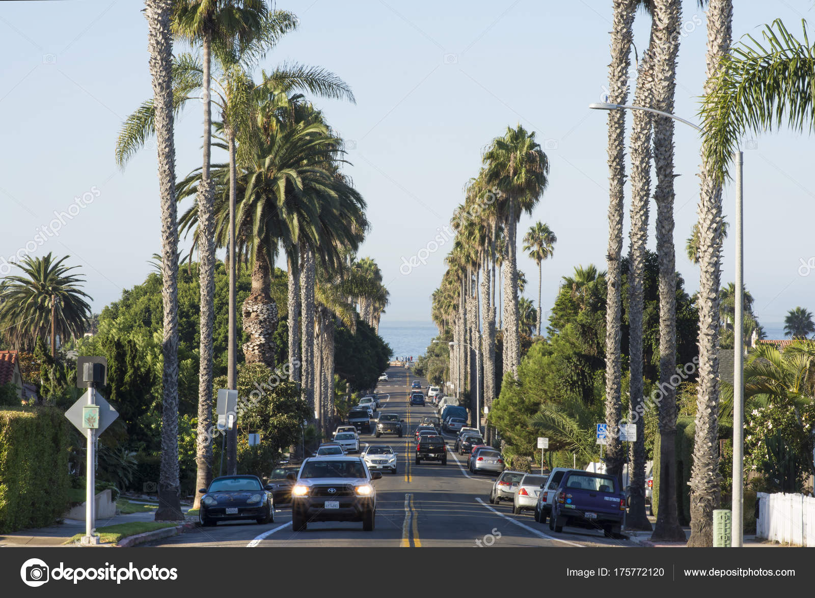 Driving down beautiful palm tree lined street in Ocean Beach, Ca ...