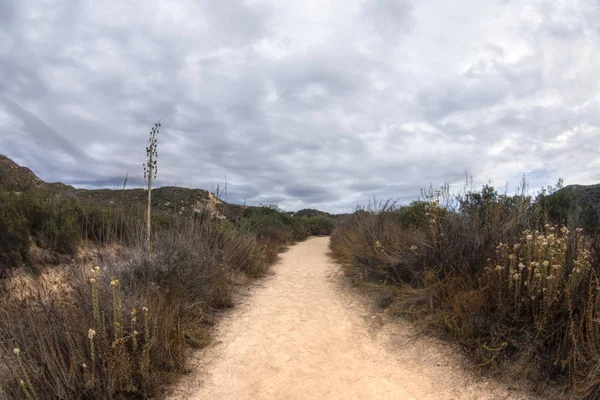 Storm clouds brewing over trail in dry arid landscape — Stock Photo, Image