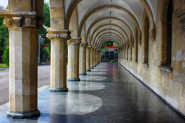 Front step of medieval palace with prospect of archs