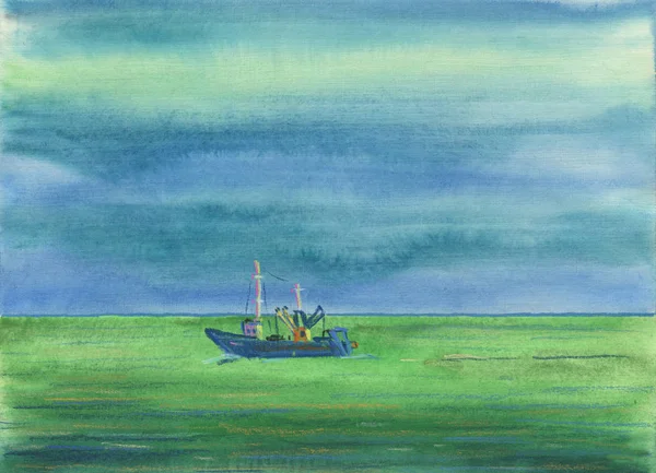 Watercolor background. Funny boat floating on the sea. — Stock Photo, Image