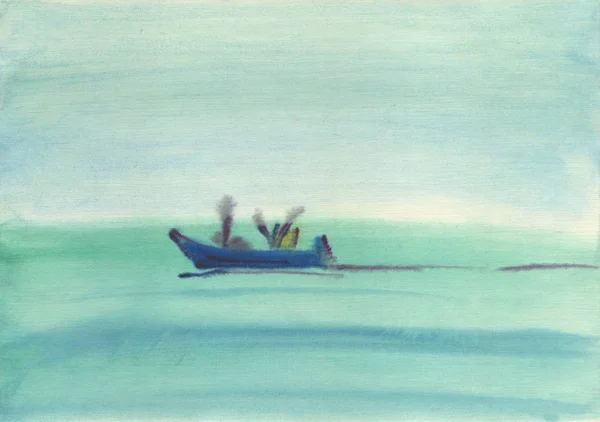 Fundo aquarela. Barco engraçado flutuando no mar — Fotografia de Stock
