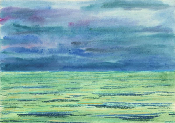 Watercolor background. Misty, foggy, cloudy day on the sea. — Stock Photo, Image