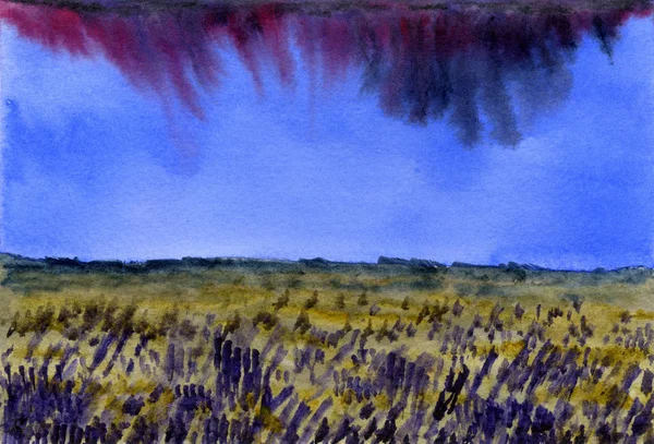 Акварель фон. Высокое облачное небо над цветущим полем . — стоковое фото
