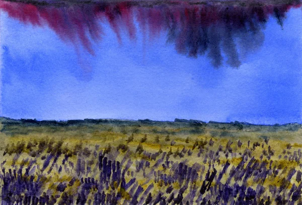 Watercolor background. High cloudy sky over the flowering field.