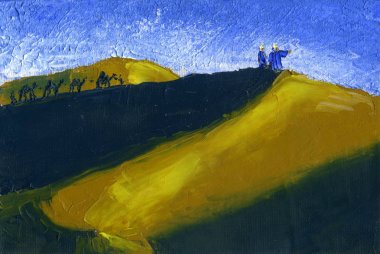 Tren deve çölde gider. Gün batımı. Yağlıboya Resim