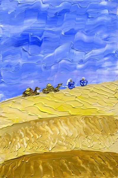 Train of camels goes through the desert. Short break for relax. — Stock Photo, Image