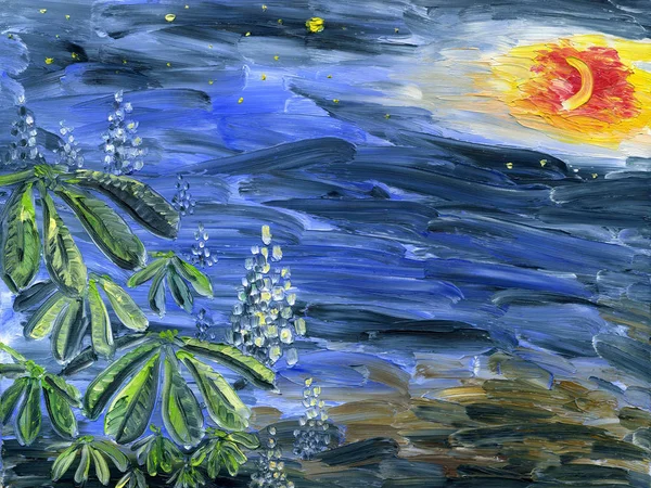 Castaño floreciente en la noche de luna con estrellas. Pintura al óleo sobre —  Fotos de Stock