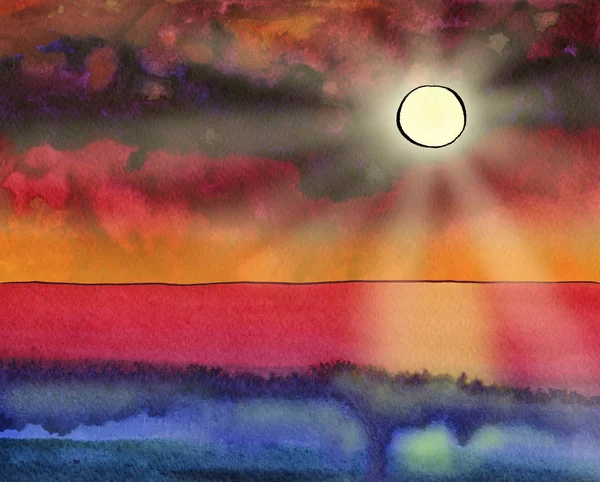 Marina aquarela de fantasia com o sol, raios de sol e horizonte — Fotografia de Stock