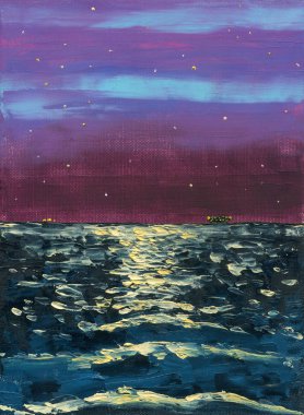 Gece denizde. Yıldızlar ve ay yürüyüş.