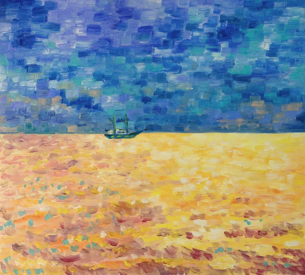O navio navega no mar colorido. Pintura a óleo — Fotografia de Stock