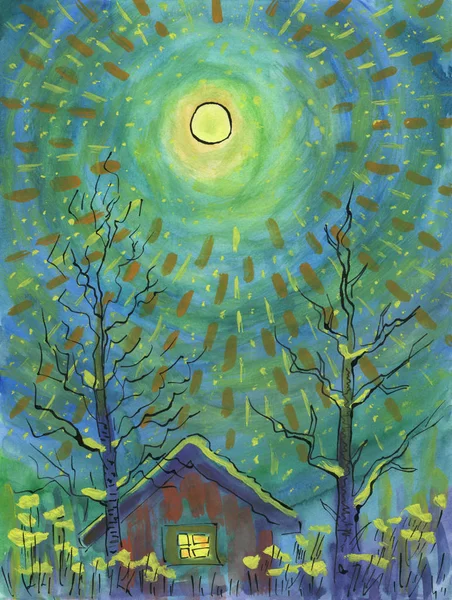 Winter moonlight night. Full moon is above the house. — Stock Photo, Image