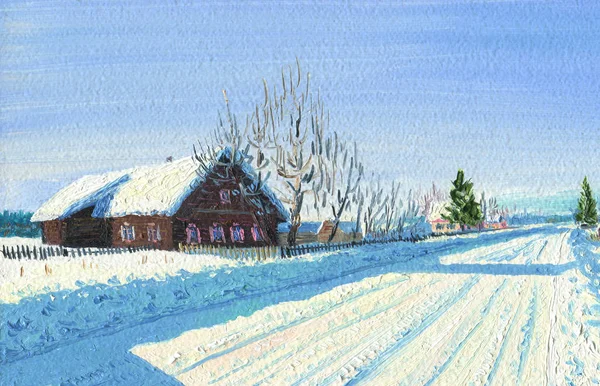 Dia de Inverno gelado na aldeia. Cabana iluminada pelo sol . — Fotografia de Stock