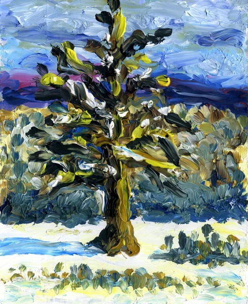 Árvore abstrata no inverno.Pintura a óleo . — Fotografia de Stock