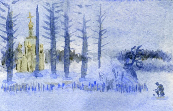 Pêcheur assis sur la glace d'un lac gelé. Aquarelle peinture . — Photo