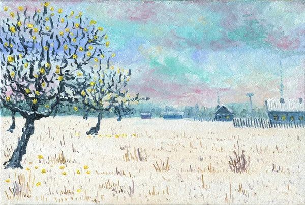 Jardín de manzanos cerca del pueblo. Pintura al óleo —  Fotos de Stock