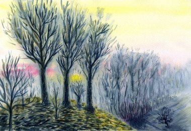 Serin bahar günbatımı. Suluboya resim.