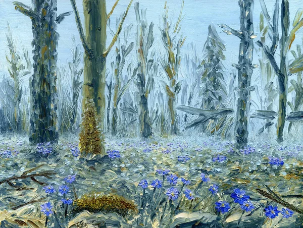 Foresta primaverile con un sacco di fiori blu. Pittura ad olio su tela . — Foto Stock