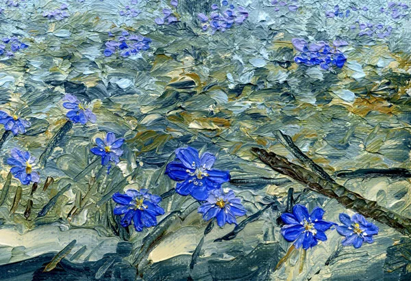 Blue flowers of Hepatica Nobilis, close-up.Oil painting. — Stock Photo, Image