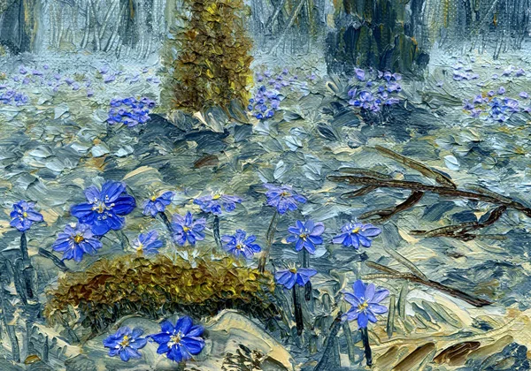 Blue flowers of Hepatica Nobilis, close-up.Oil painting. — Stock Photo, Image