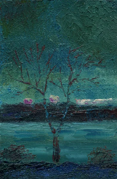 Noite de primavera na margem do lago da cidade. Pintura a óleo — Fotografia de Stock