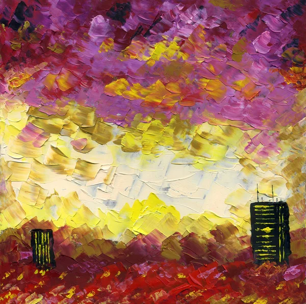 Spring sunset over the city. Oil painting. — Stock Photo, Image