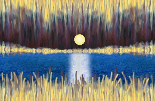 Fantastic abstract landscape with a lake and rising full moon. — Stock Photo, Image