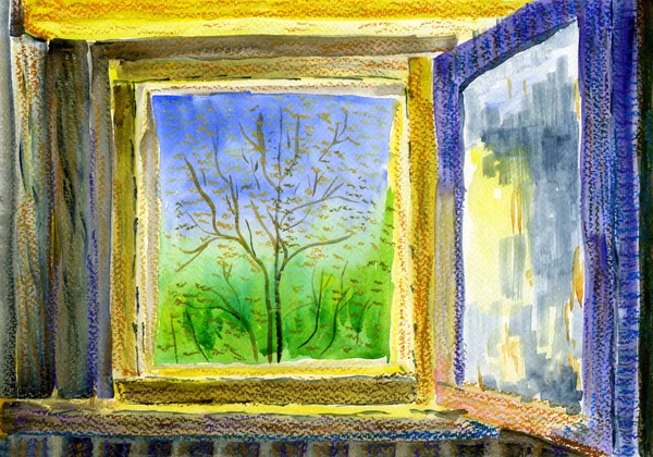 View through an open window to the sunny spring garden.