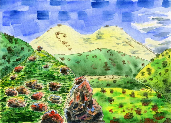 Красочный горный пейзаж с большой снежной горой — стоковое фото