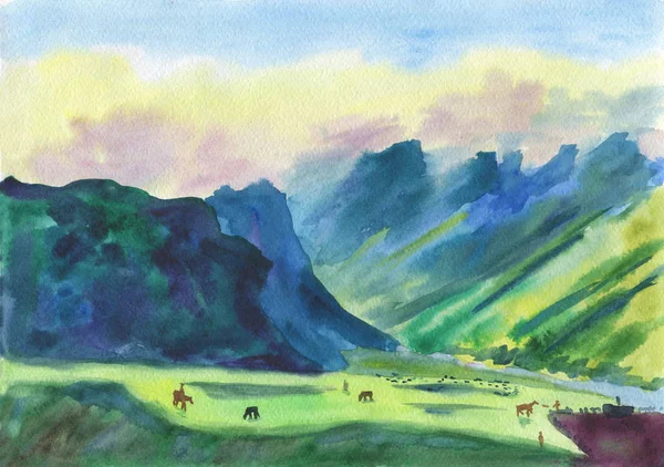 Watercolor Painting. Shepherds in the mountains. — Stock Photo, Image