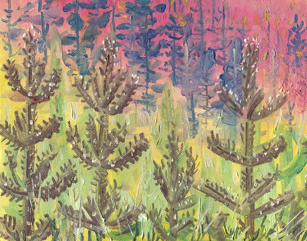 Oil Painting on canvas. Coniferous forest in the mountains