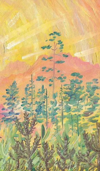 Pintura al óleo sobre lienzo. Amanecer en las montañas —  Fotos de Stock