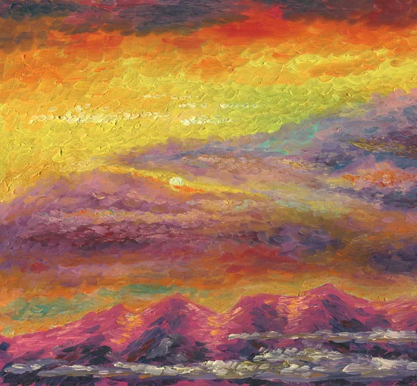 Oil painting. Sunset over the mountains.