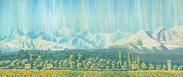 Pintura al óleo sobre lienzo. Paisaje de montaña. La cresta al amanecer —  Fotos de Stock