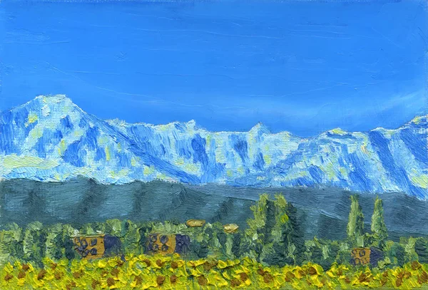 Pintura al óleo sobre lienzo. Cordillera nevada —  Fotos de Stock