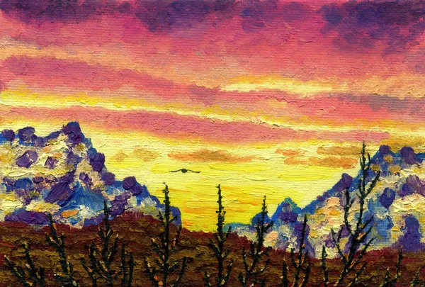 Pintura a óleo sobre tela. Pôr do sol nas montanhas . — Fotografia de Stock