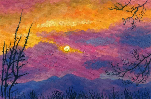 Pintura al óleo sobre lienzo. Puesta de sol sobre las montañas —  Fotos de Stock